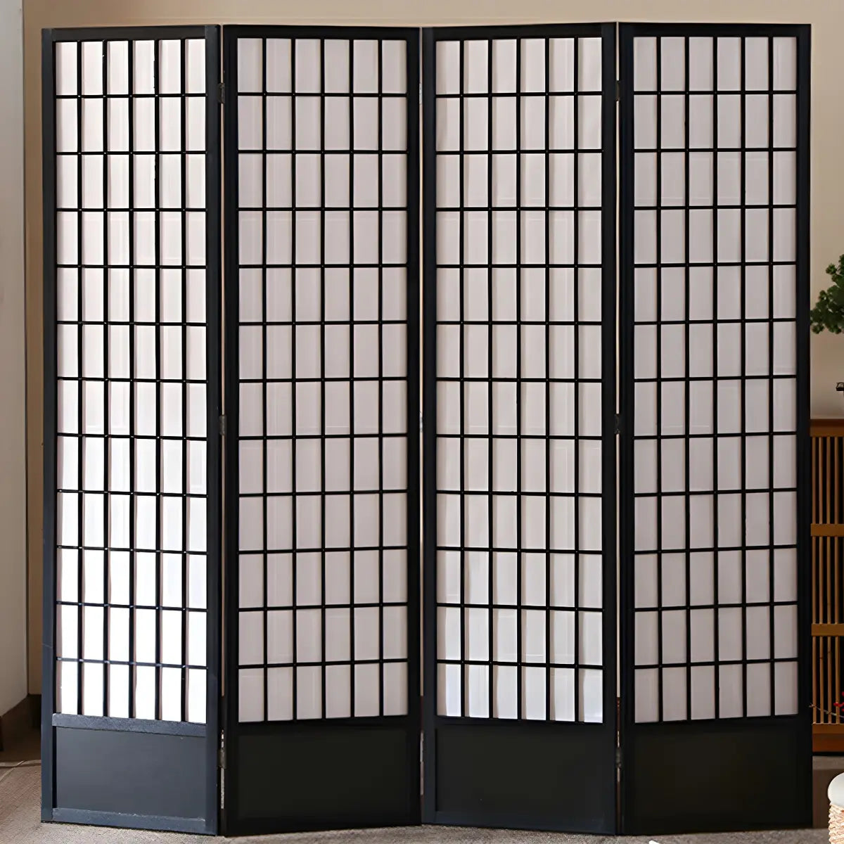 Black Grid Wood Folding Privacy Screen Room Divider Image - 1