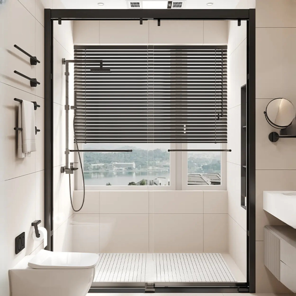 Black Hardware Towel Bar Sliding Glass Shower Door Image - 1