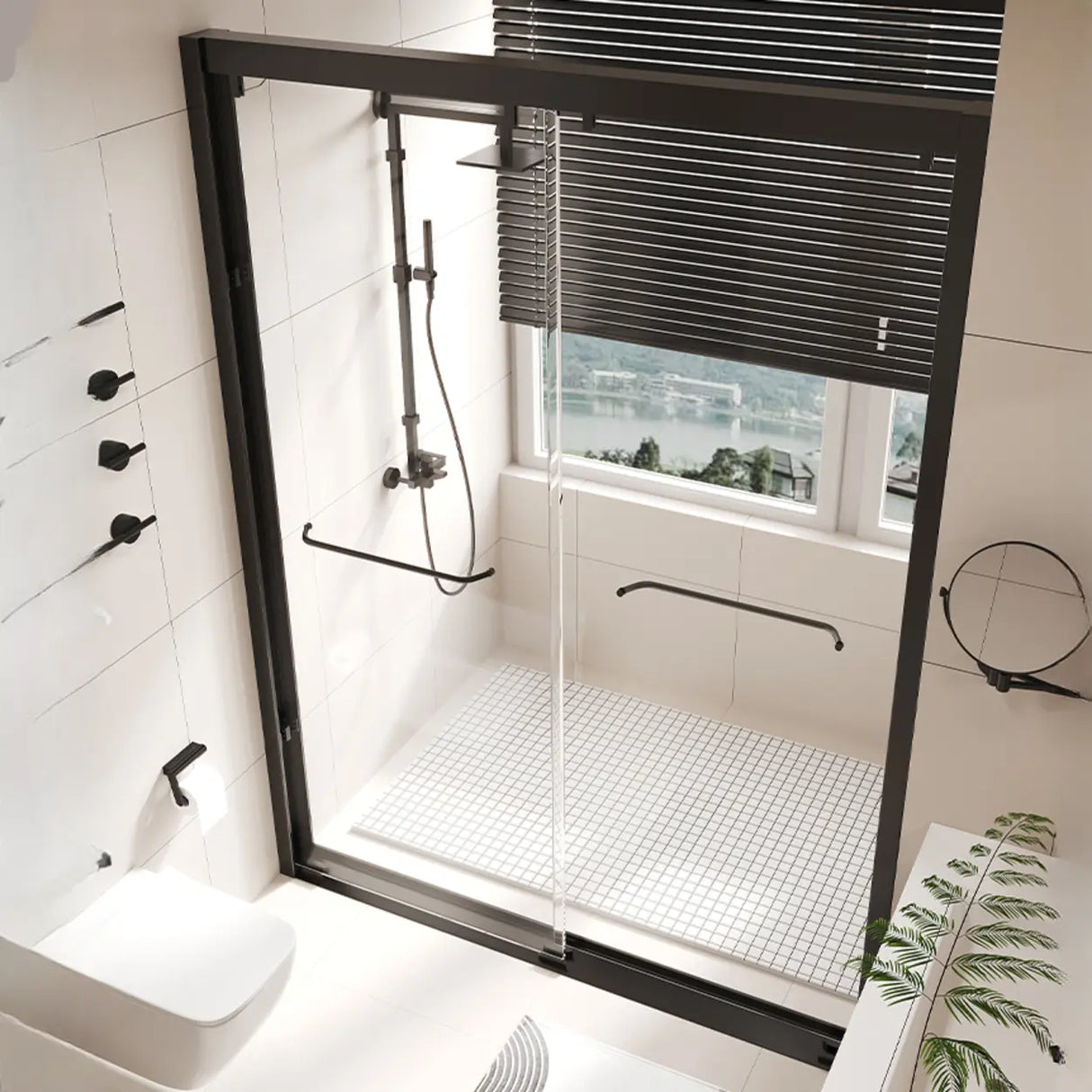 Black Hardware Towel Bar Sliding Glass Shower Door Image - 3