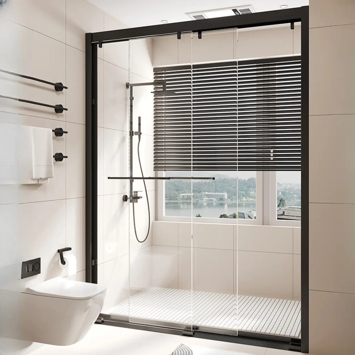 Black Hardware Towel Bar Sliding Glass Shower Door Image - 4