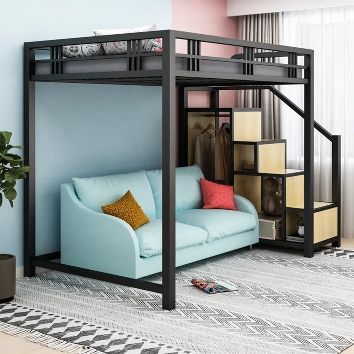 Black Iron Storage Loft Bed with Stairs and Guardrail Image - 1