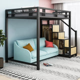 Black Iron Storage Loft Bed with Stairs and Guardrail Image - 1