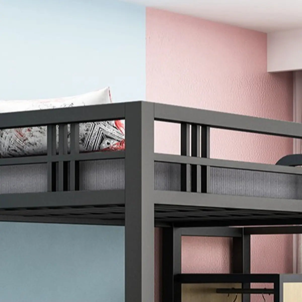 Black Iron Storage Loft Bed with Stairs and Guardrail Image - 10