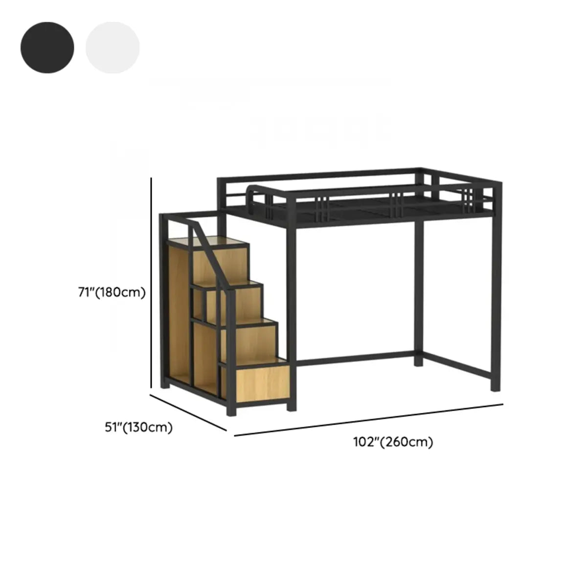 Black Iron Storage Loft Bed with Stairs and Guardrail 