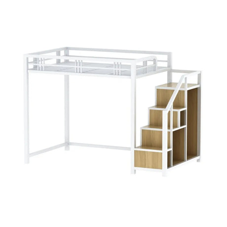 Black Iron Storage Loft Bed with Stairs and Guardrail Image - 2