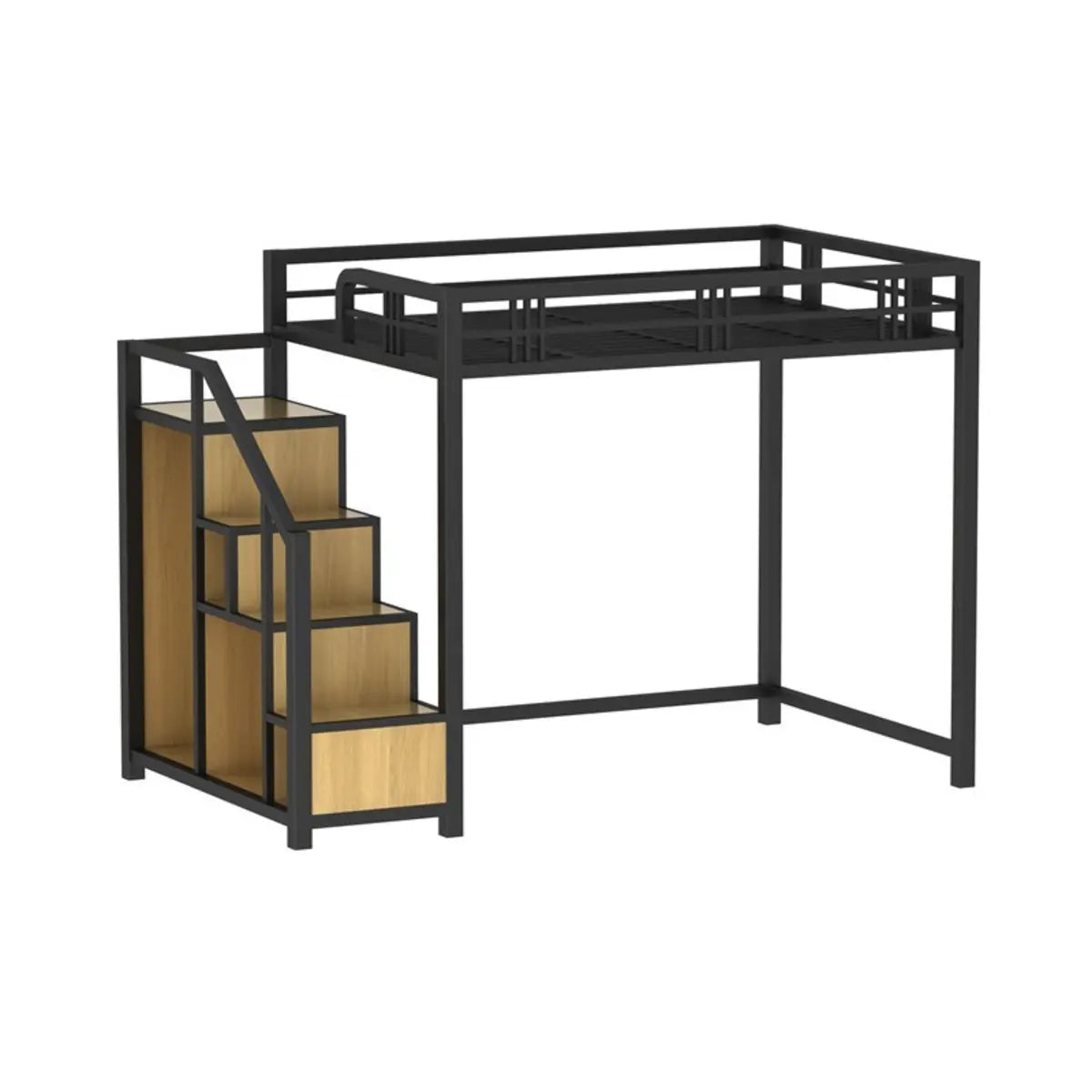 Black Iron Storage Loft Bed with Stairs and Guardrail Image - 7