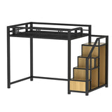 Black Iron Storage Loft Bed with Stairs and Guardrail Image - 8