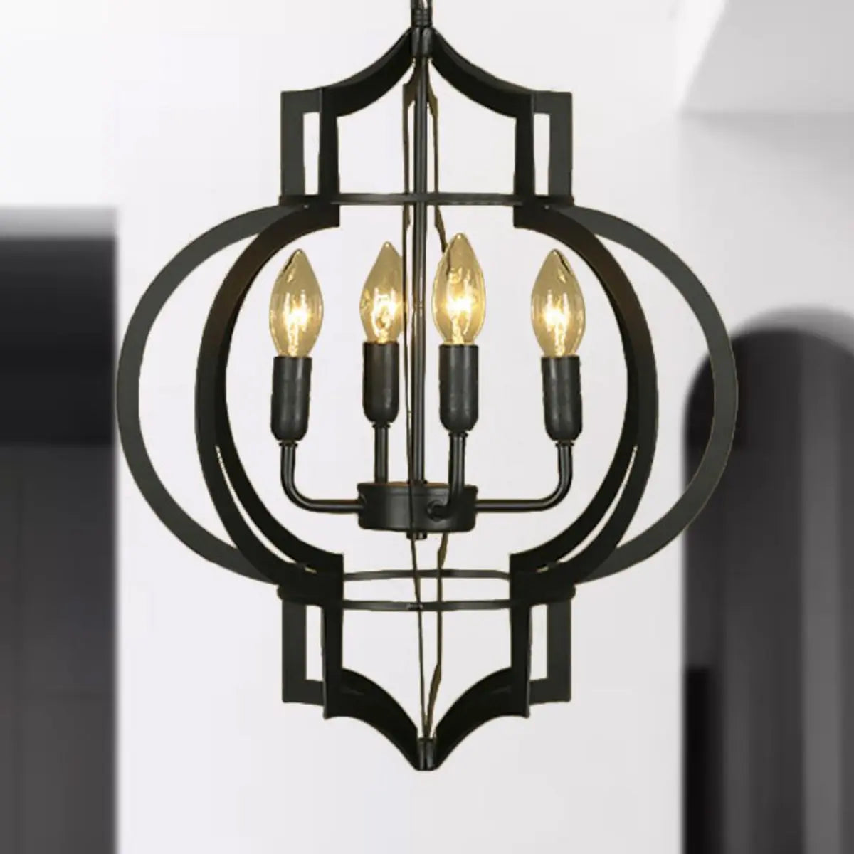 Black Lantern Metal Candle 4-Light Small Foyer Chandelier Image - 1