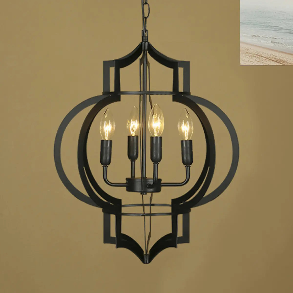 Black Lantern Metal Candle 4-Light Small Foyer Chandelier Image - 7