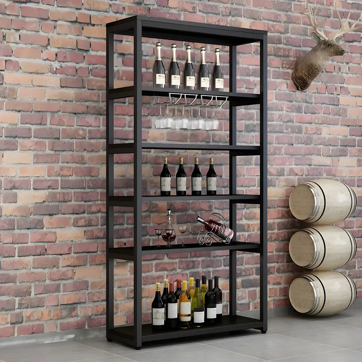 Black Large Industrial Metal Floor Shelves Wine Rack Image - 11