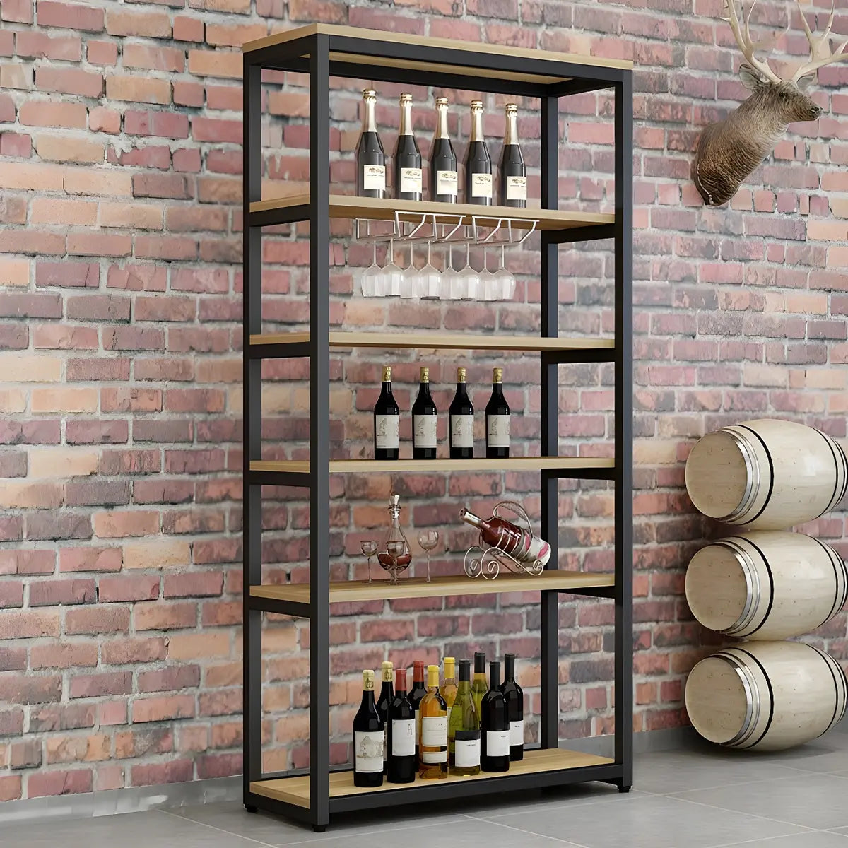 Black Large Industrial Metal Floor Shelves Wine Rack Image - 3