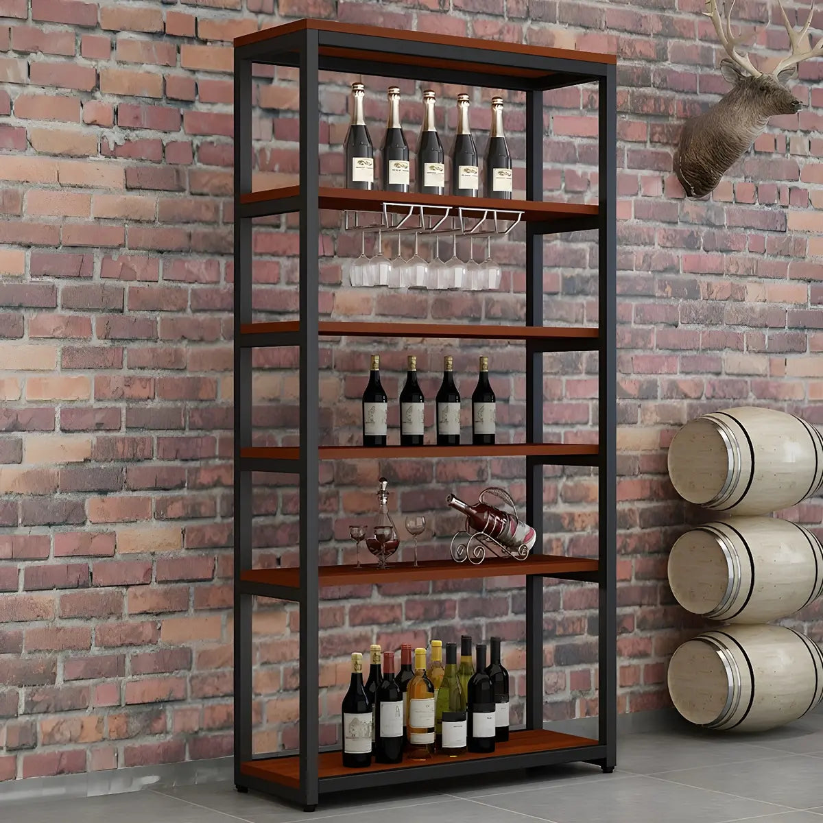 Black Large Industrial Metal Floor Shelves Wine Rack Image - 5