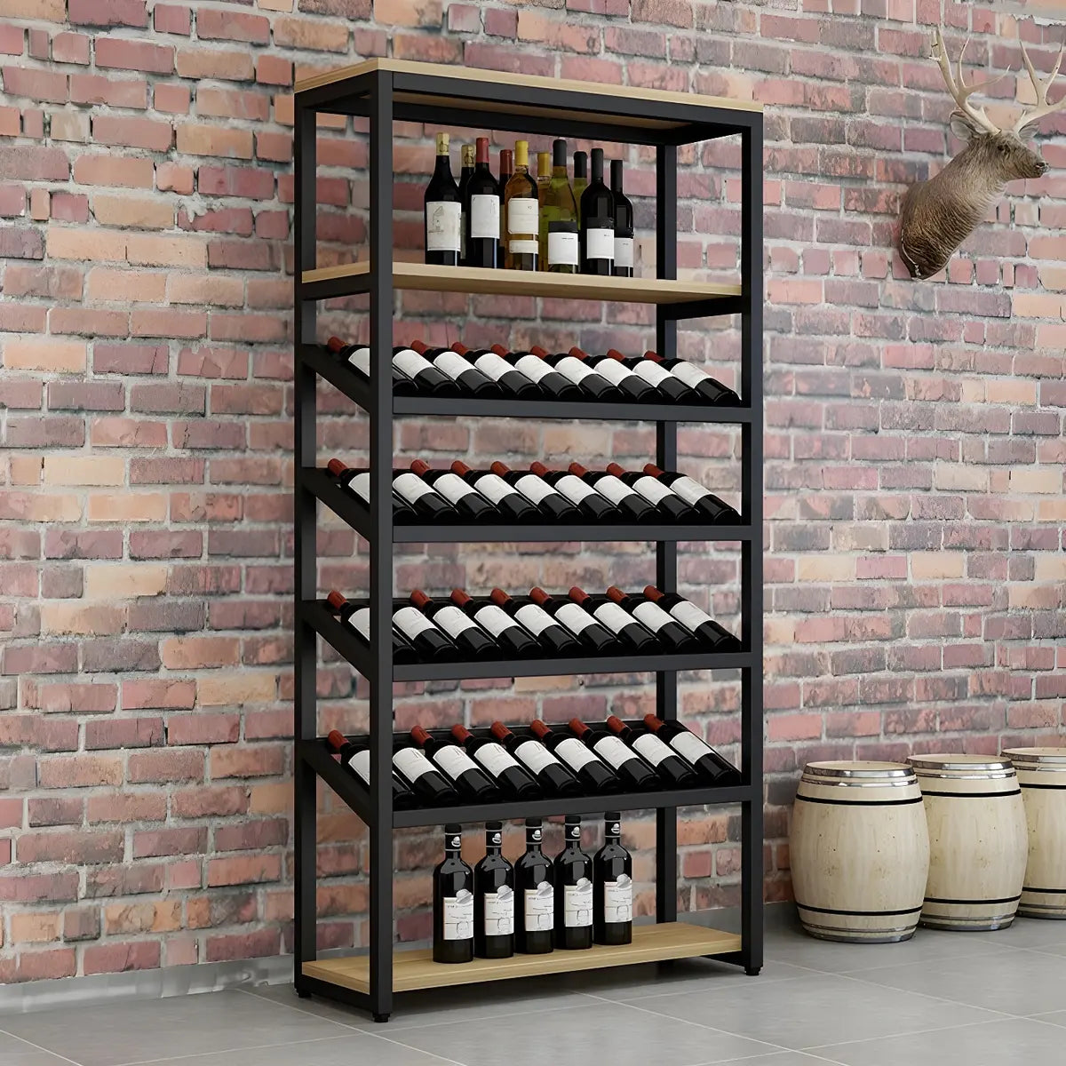 Black Large Industrial Metal Floor Shelves Wine Rack Image - 9