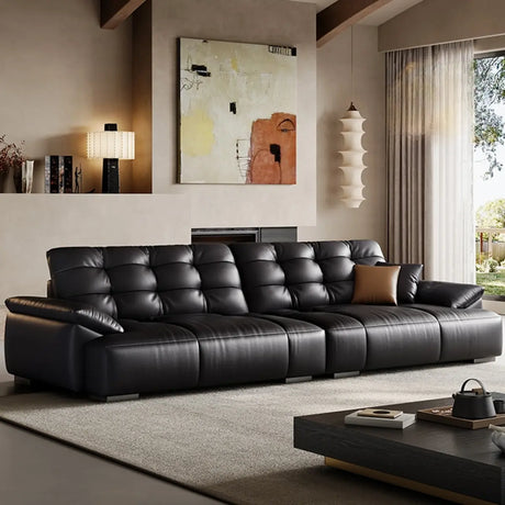 Black Leather Light Wood Frame Reception Sofa with Arms Image - 1