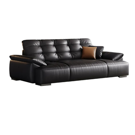 Black Leather Light Wood Frame Reception Sofa with Arms Image - 2