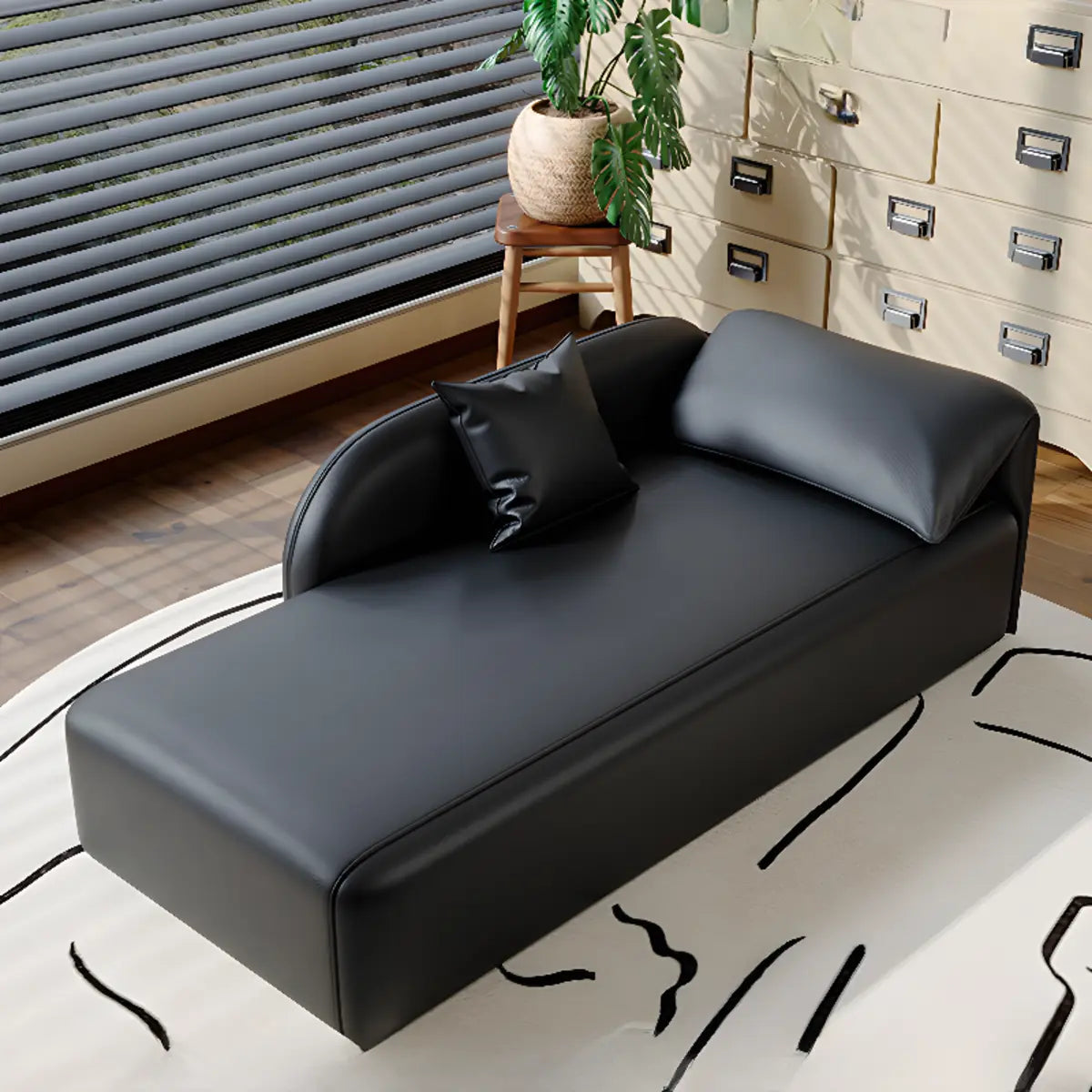 Black Leather Modern Reclining Chaise Lounge with Pillow Image - 1