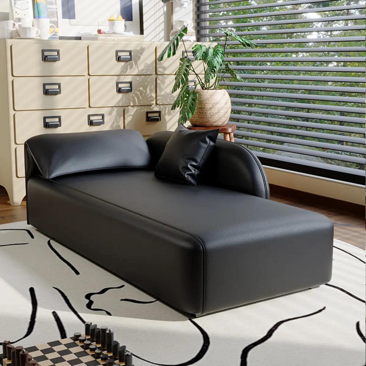 Black Leather Modern Reclining Chaise Lounge with Pillow Image - 3