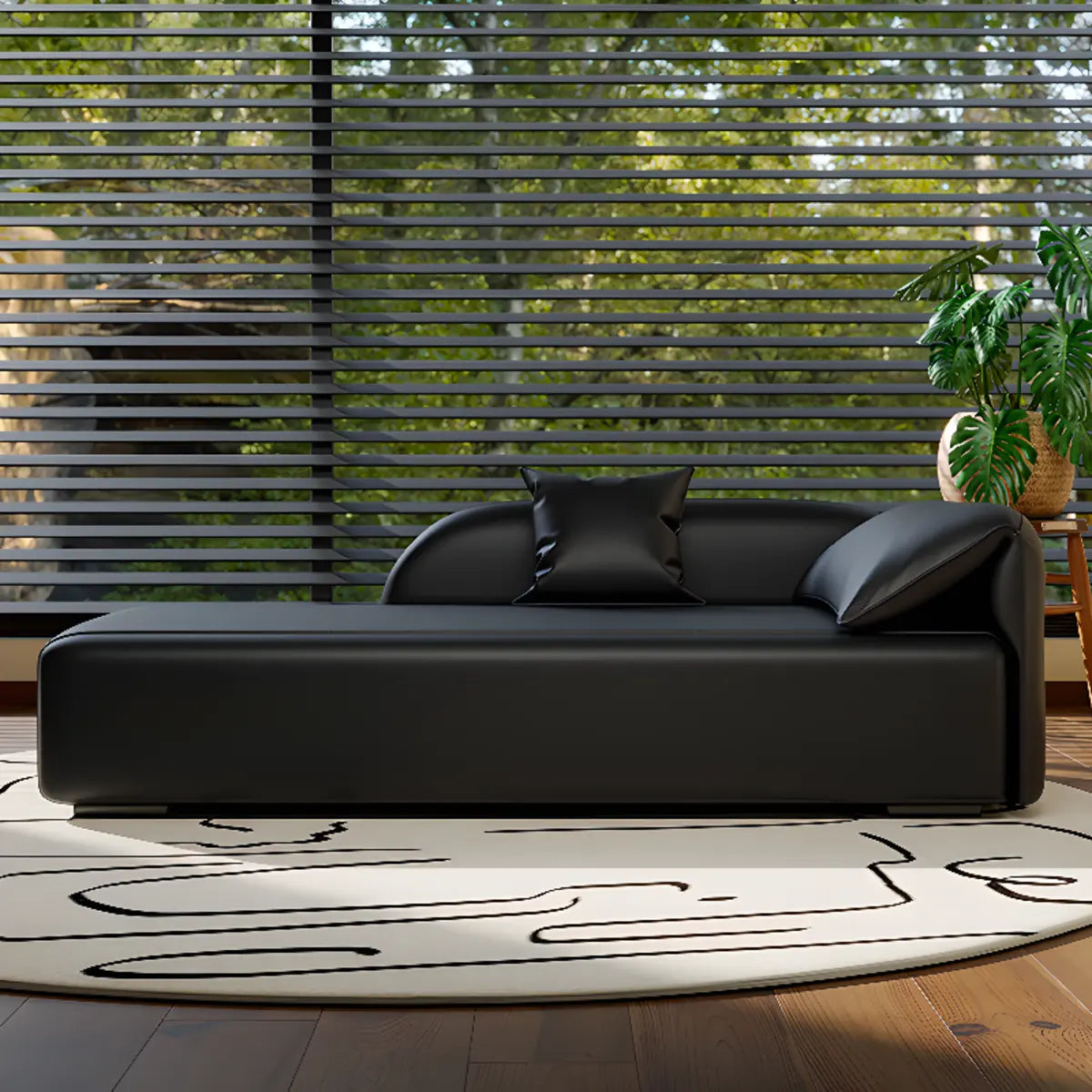 Black Leather Modern Reclining Chaise Lounge with Pillow Image - 4