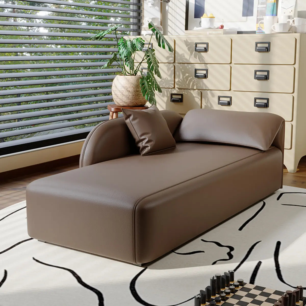 Black Leather Modern Reclining Chaise Lounge with Pillow Image - 5