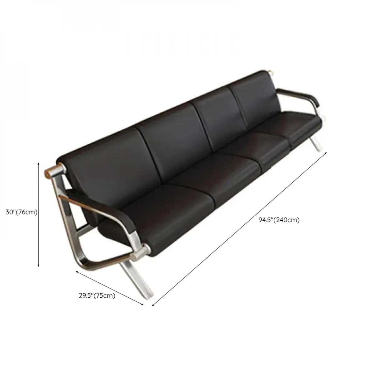 Black Leather Silver Metal Frame Three Seater Sofa Image - 11