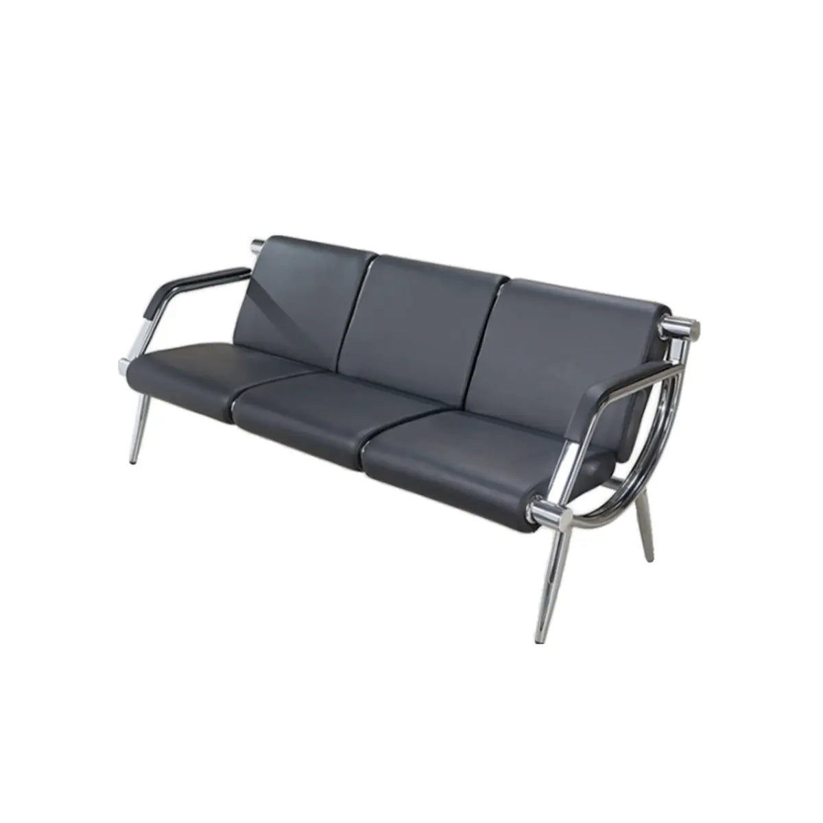 Black Leather Silver Metal Frame Three Seater Sofa Image - 3