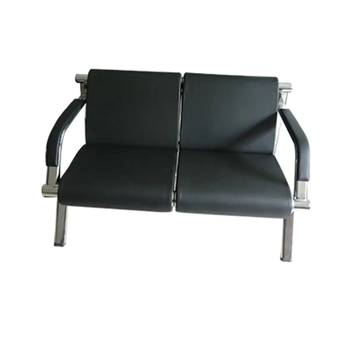 Black Leather Silver Metal Frame Three Seater Sofa Image - 6