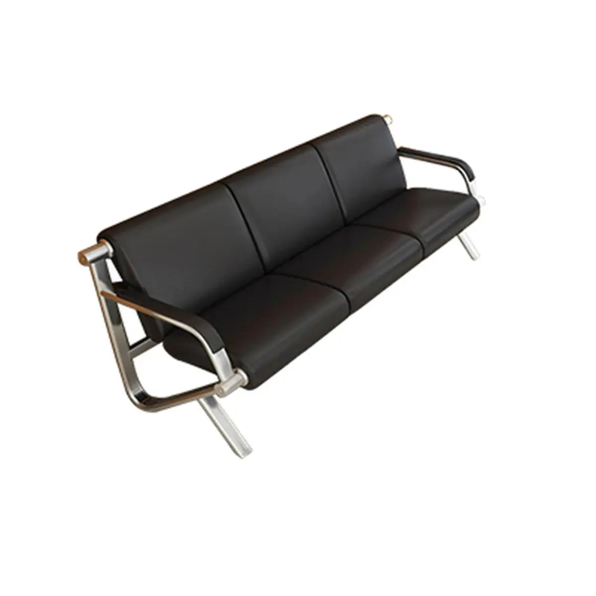 Black Leather Silver Metal Frame Three Seater Sofa Image - 7