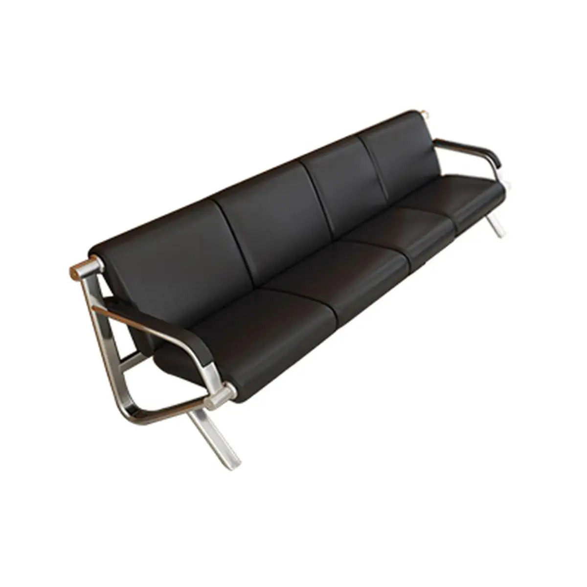 Black Leather Silver Metal Frame Three Seater Sofa Image - 8