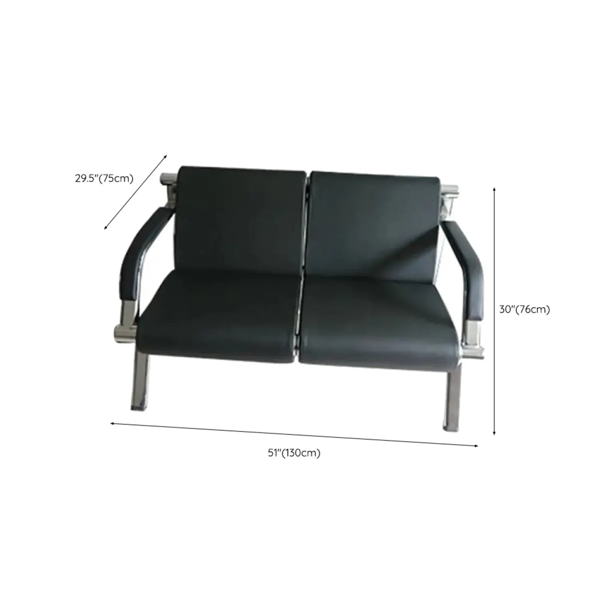 Black Leather Silver Metal Frame Three Seater Sofa 