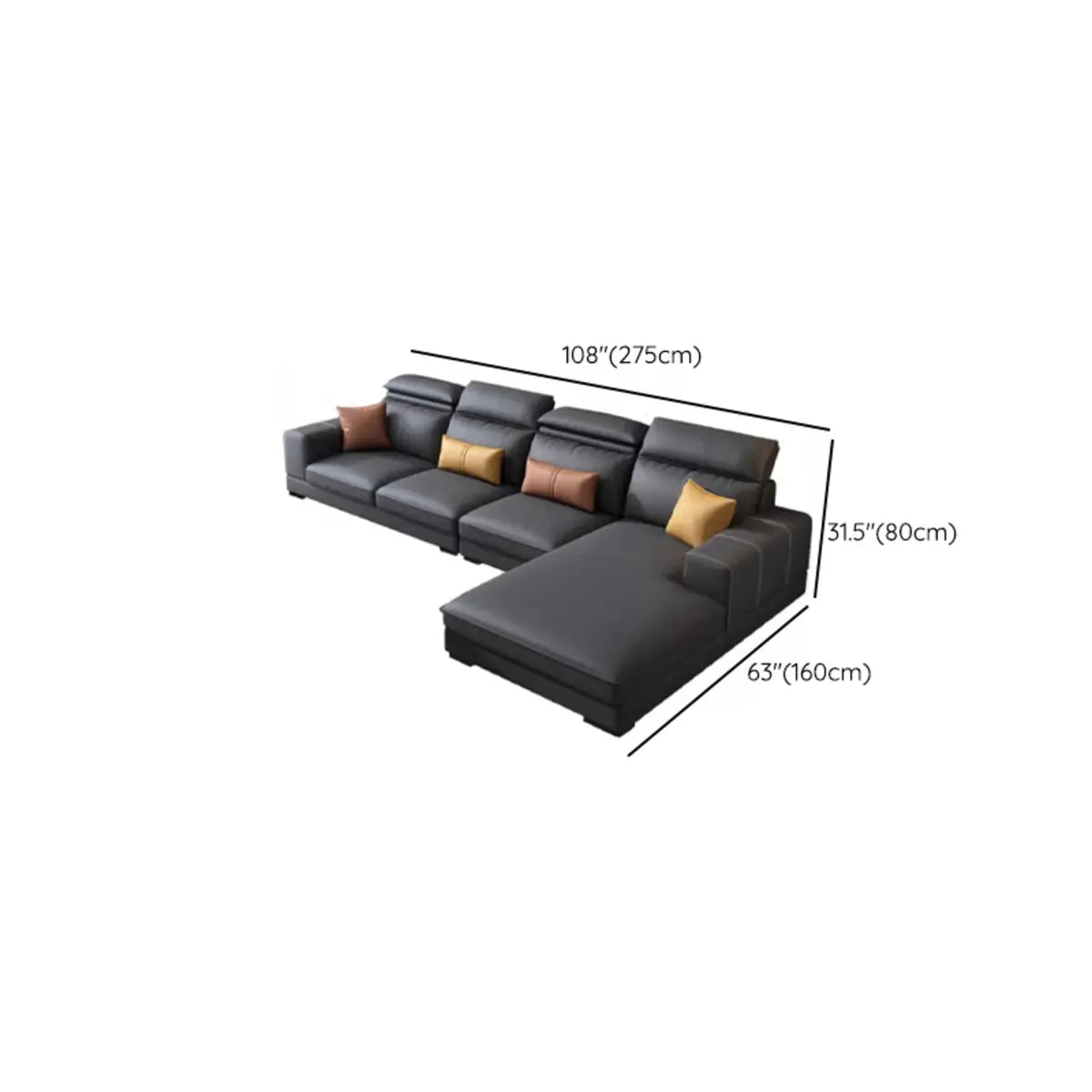 Black Leather Square Arm Cushion Back Sofa Chaise Image - 12