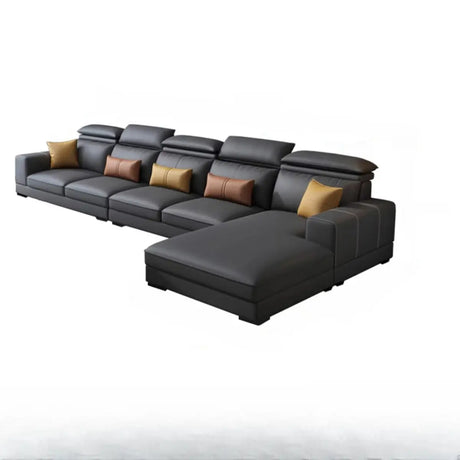 Black Leather Square Arm Cushion Back Sofa Chaise Image - 2