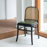 Black Leather Upholstered Seat Rattan Back Dining Chair Image - 3