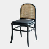 Black Leather Upholstered Seat Rattan Back Dining Chair Image - 7