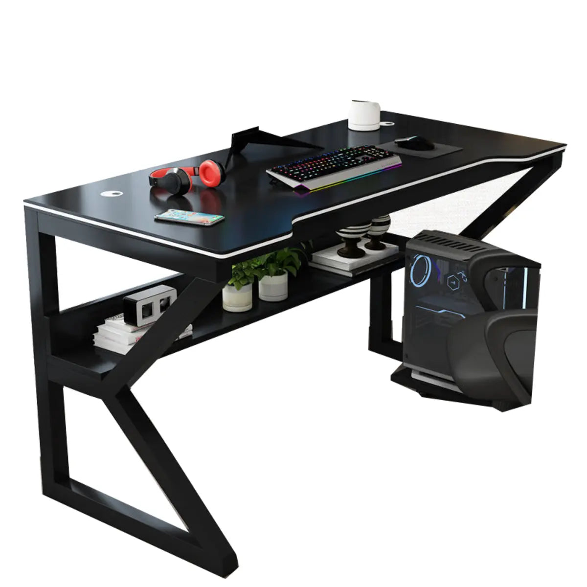 Black Manufactured Wood Shelves Trestle Gaming Desk Image - 5