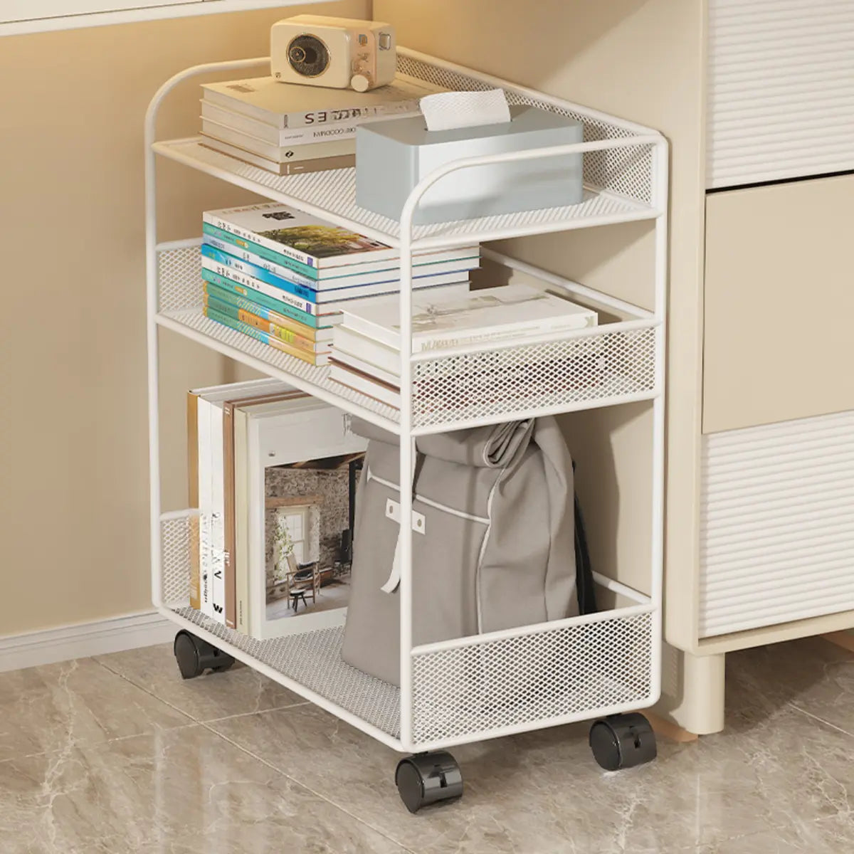 Black Metal 3-Tier Shelves Utility Cart with Casters Image - 7