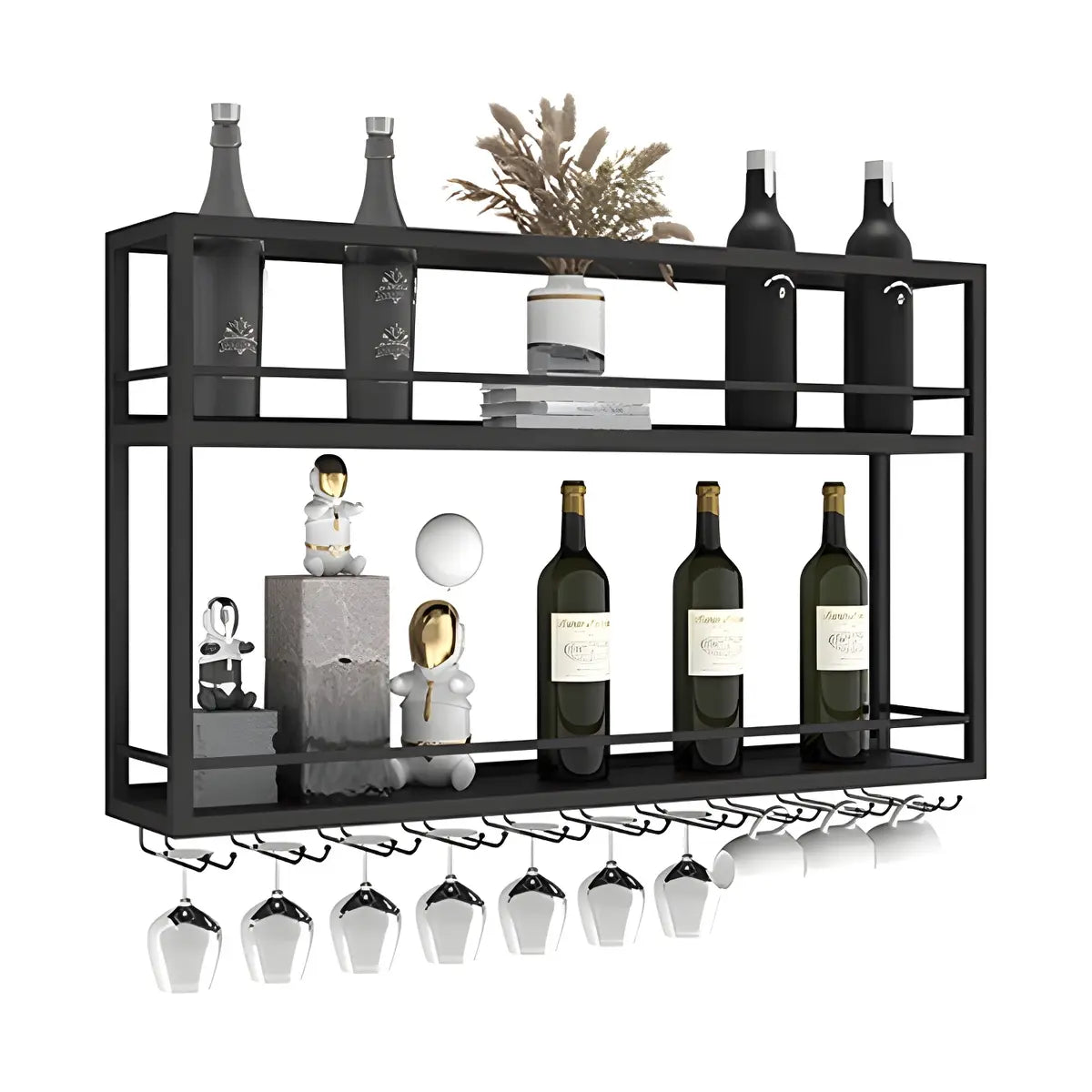 Black Metal Floating Stackable Wall Mounted Wine Rack Image - 10