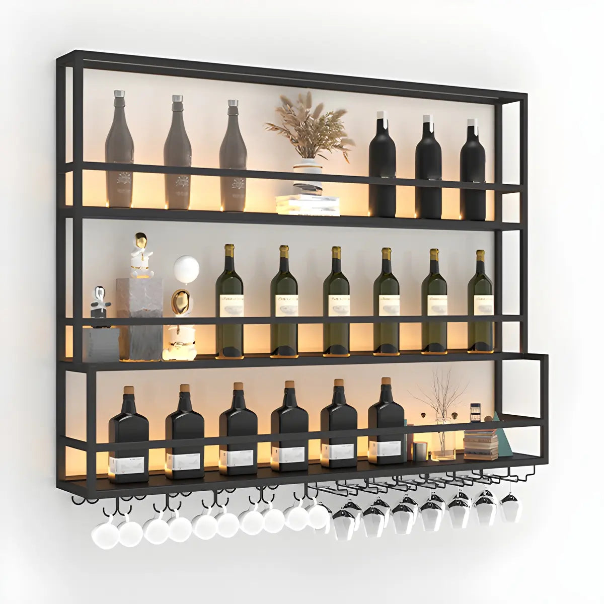 Black Metal Floating Stackable Wall Mounted Wine Rack Image - 14