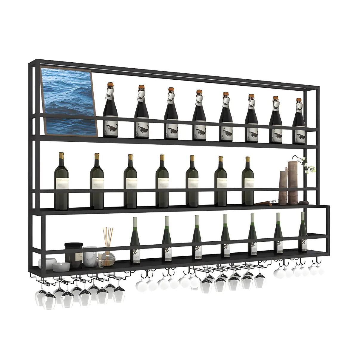 Black Metal Floating Stackable Wall Mounted Wine Rack Image - 19