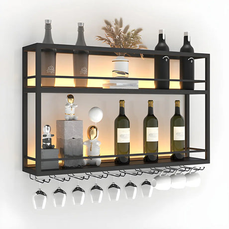 Black Metal Floating Stackable Wall Mounted Wine Rack Image - 2