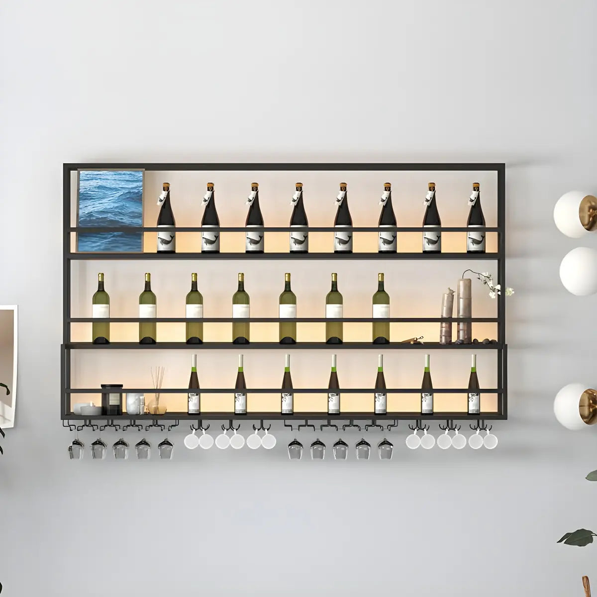 Black Metal Floating Stackable Wall Mounted Wine Rack Image - 22