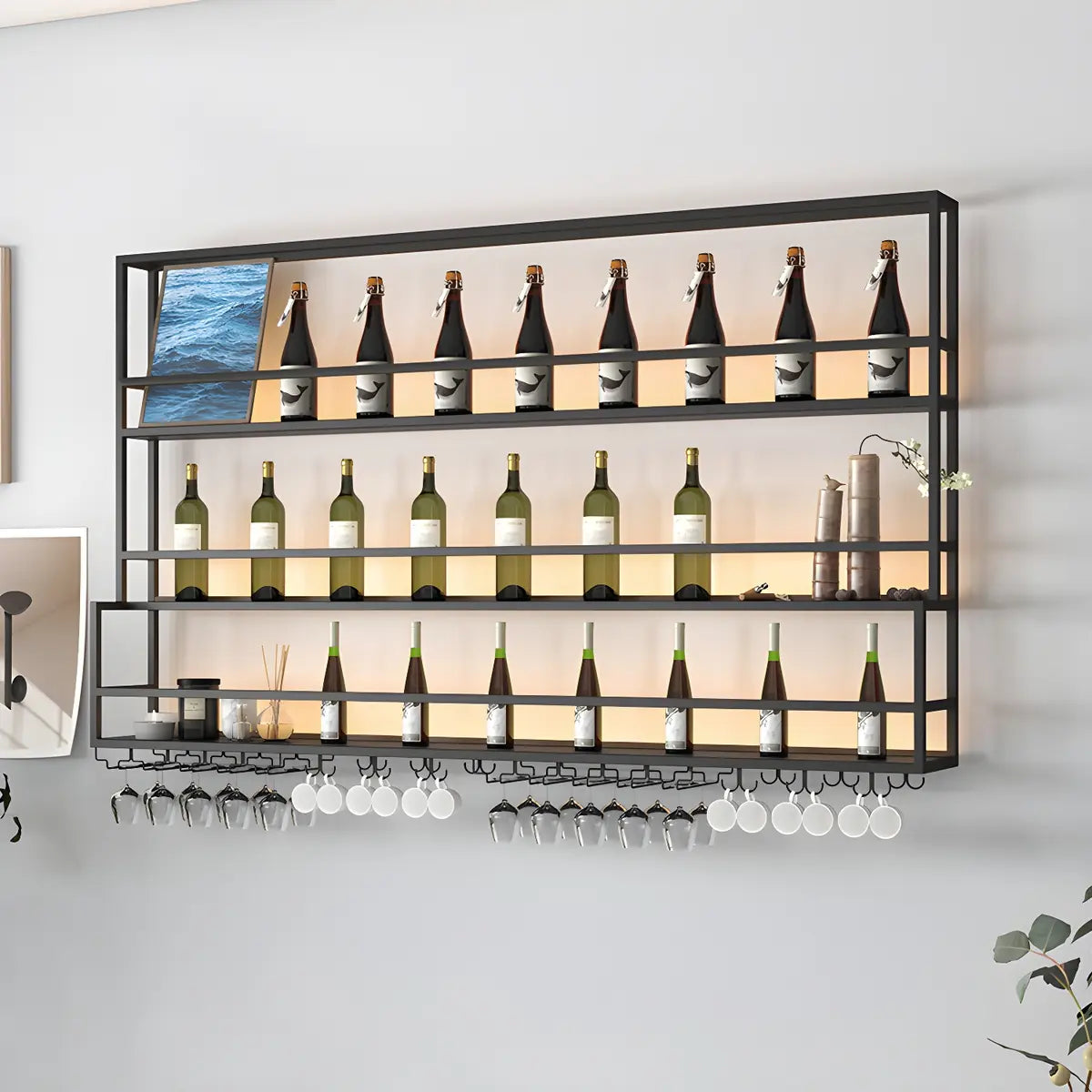 Black Metal Floating Stackable Wall Mounted Wine Rack Image - 5