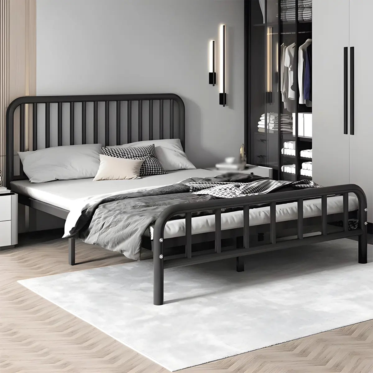 Black Metal Frame Slat Bed with Headboard and Footboard Image - 4