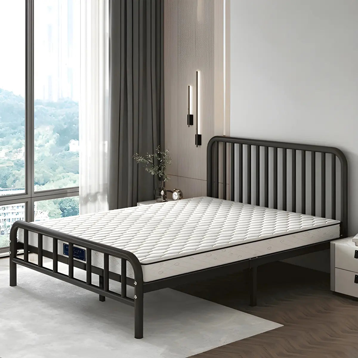 Black Metal Frame Slat Bed with Headboard and Footboard Image - 6