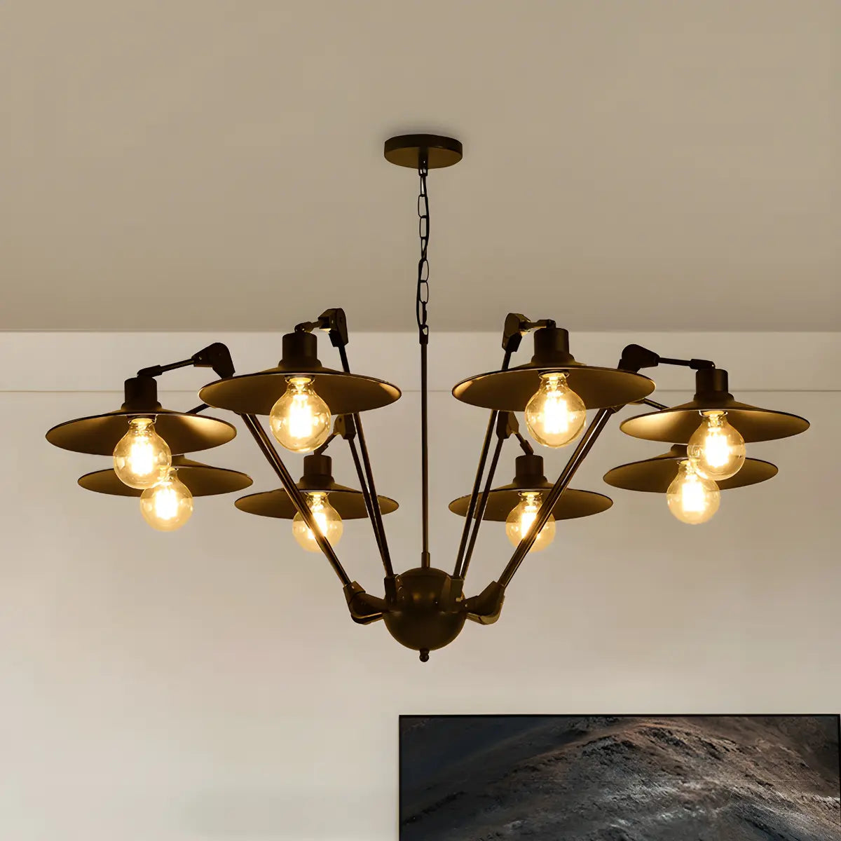 Black Metal Large Disc 6-Light Edison Bulb Chandelier Image - 4