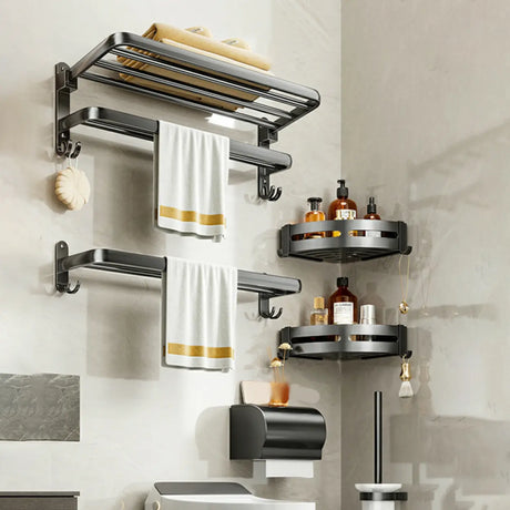 Black Metal Mounting Hardware Bathroom Shelf Set with Hooks Image - 1