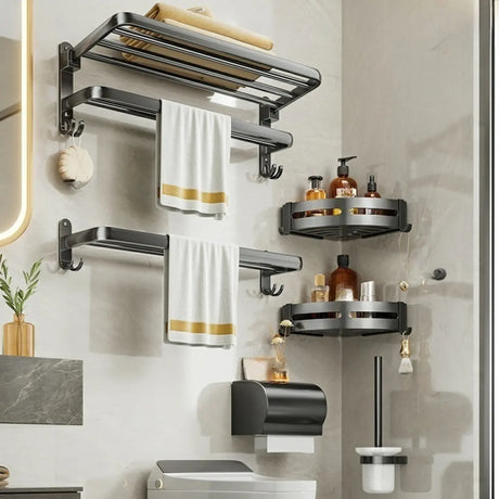 Black Metal Mounting Hardware Bathroom Shelf Set with Hooks Image - 2