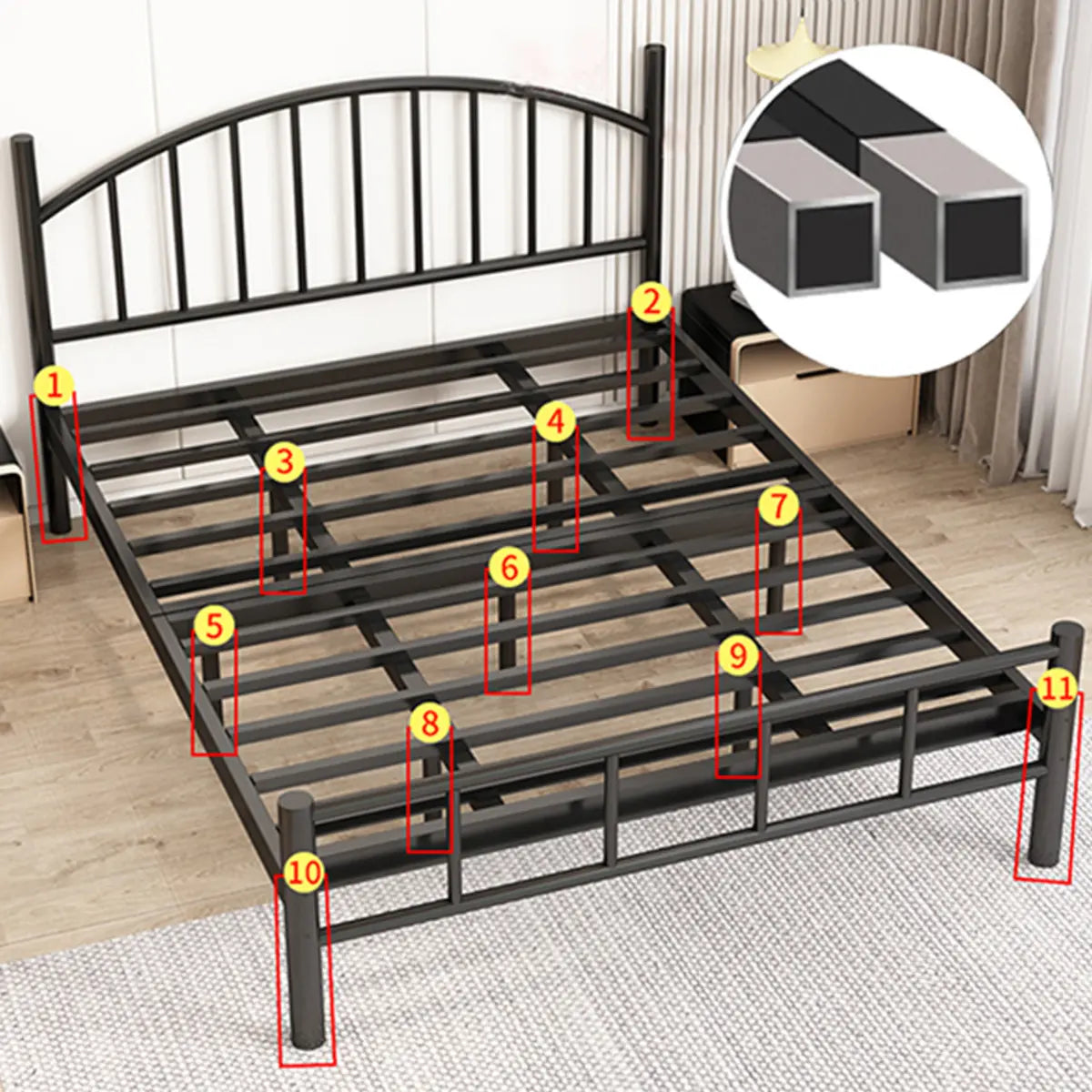 Black Metal Queen Headboard Slat Bed Frame with Legs Image - 10