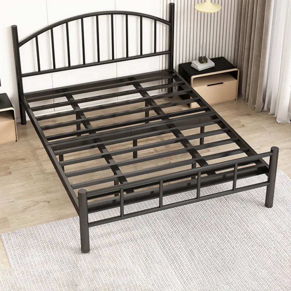 Black Metal Queen Headboard Slat Bed Frame with Legs Image - 5