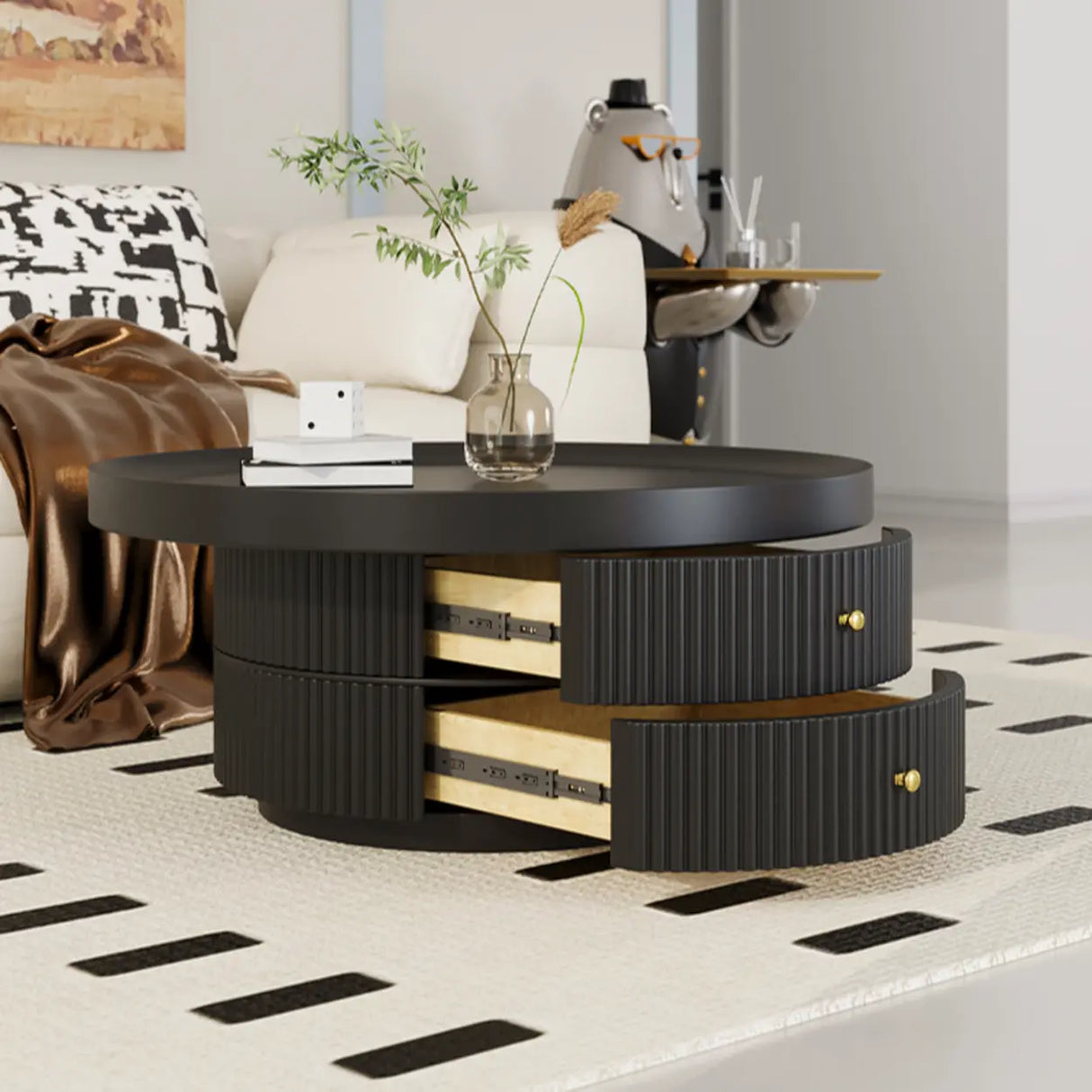 Black Metal Round Coffee Table Set with Storage Image - 6