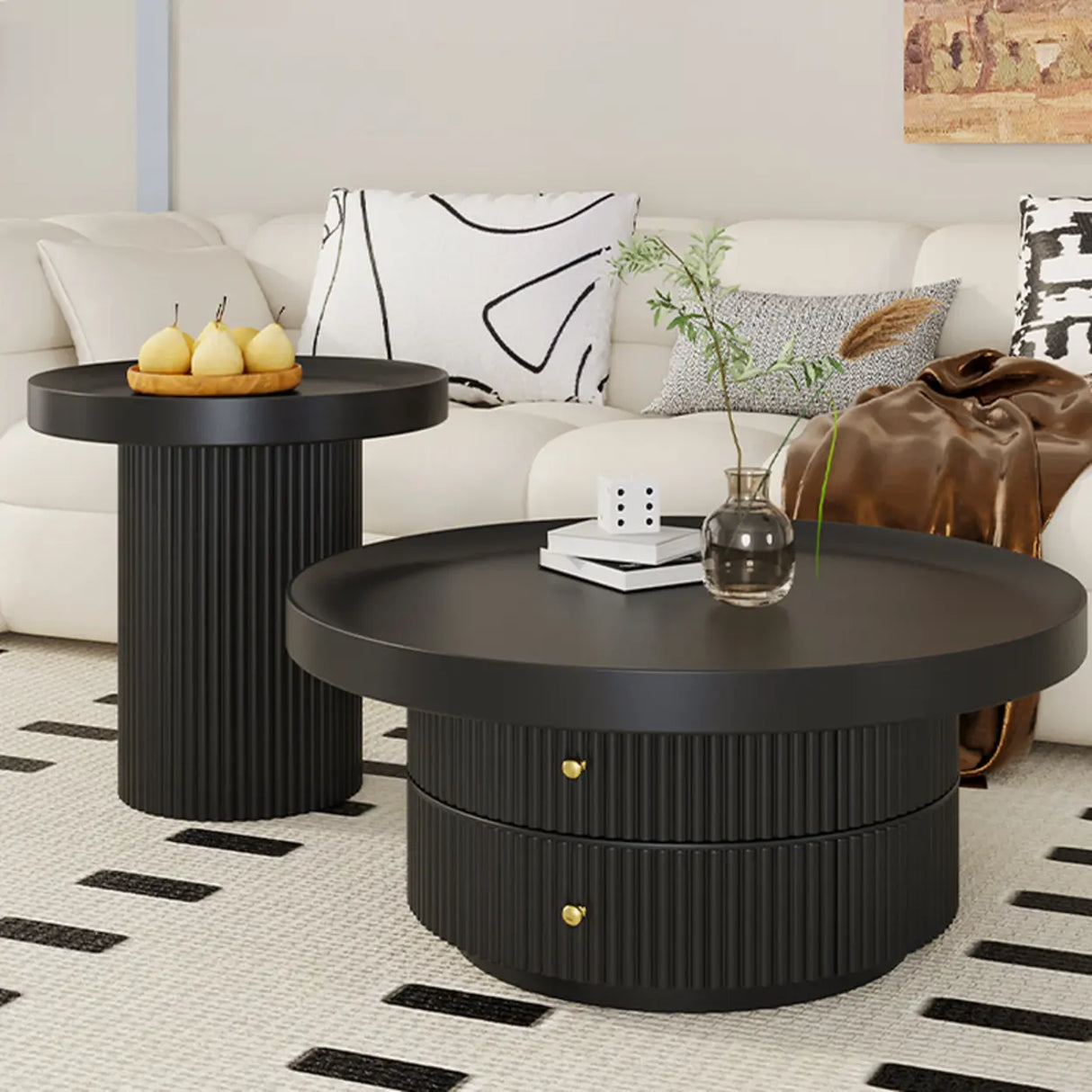 Black Metal Round Coffee Table Set with Storage Image - 7